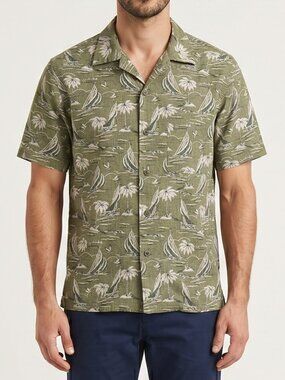 Reyn Spooner x Uniqlo Hawaiian Shirt Olive Green Sailboat Palm Print Size S